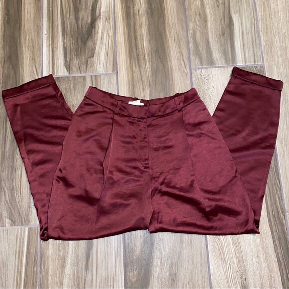 H&M Satin Relaxed Fit Cropped tapered leg cuffed hem pants Burgundy size 6 - Picture 8 of 13